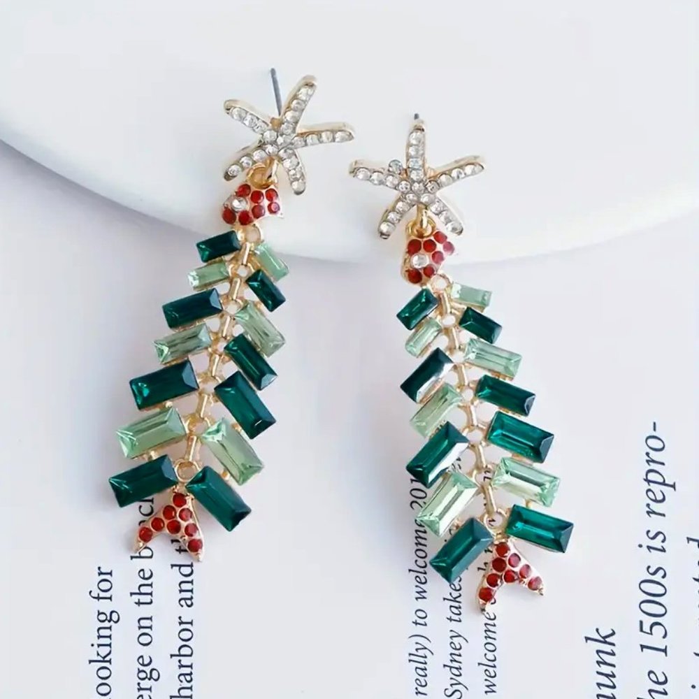Elegant Colorful Rhinestone Dangle Fish • Christmas Tree Earrings